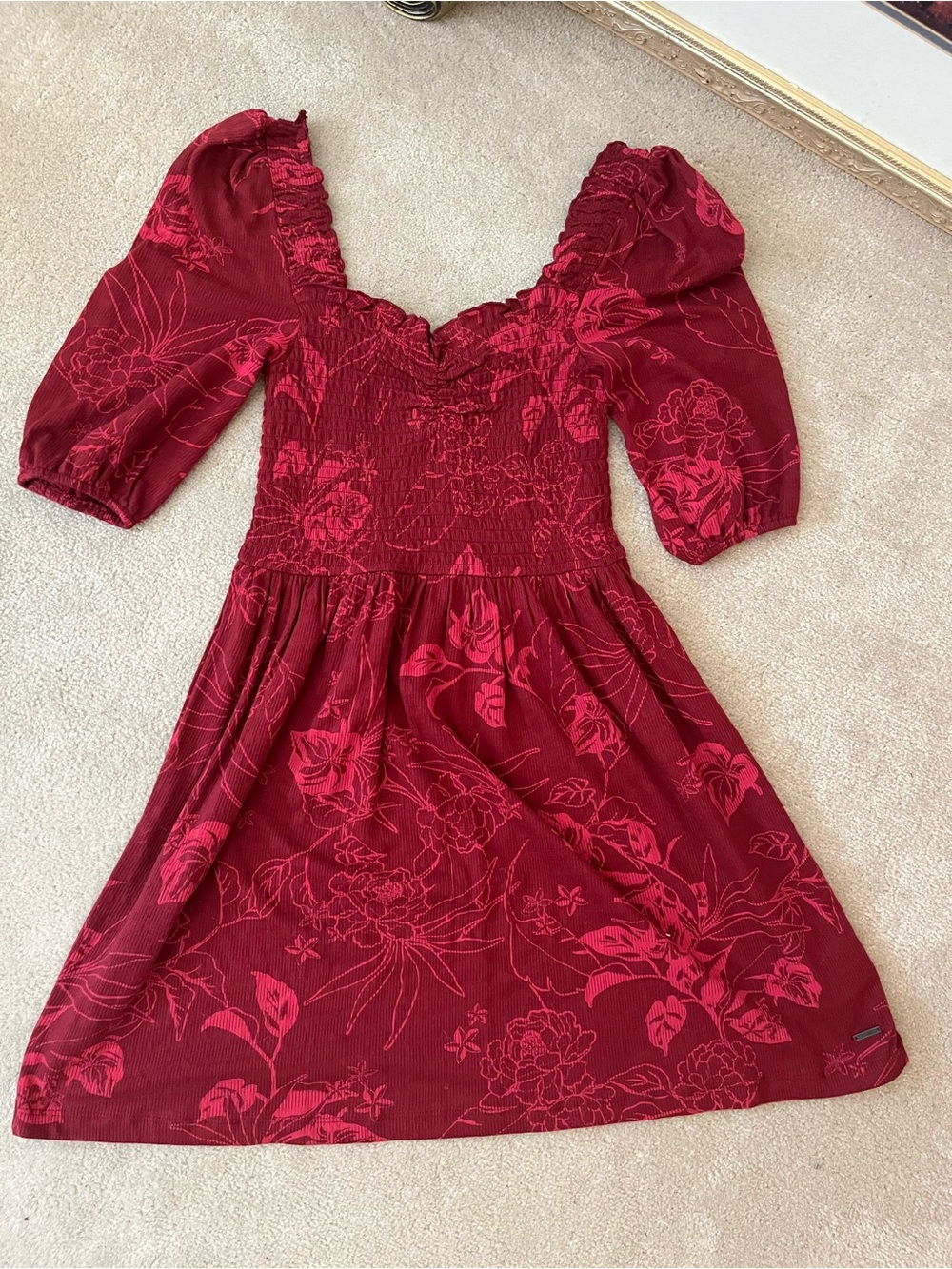 Roxy Maroon Floral Smocked Mini Dress